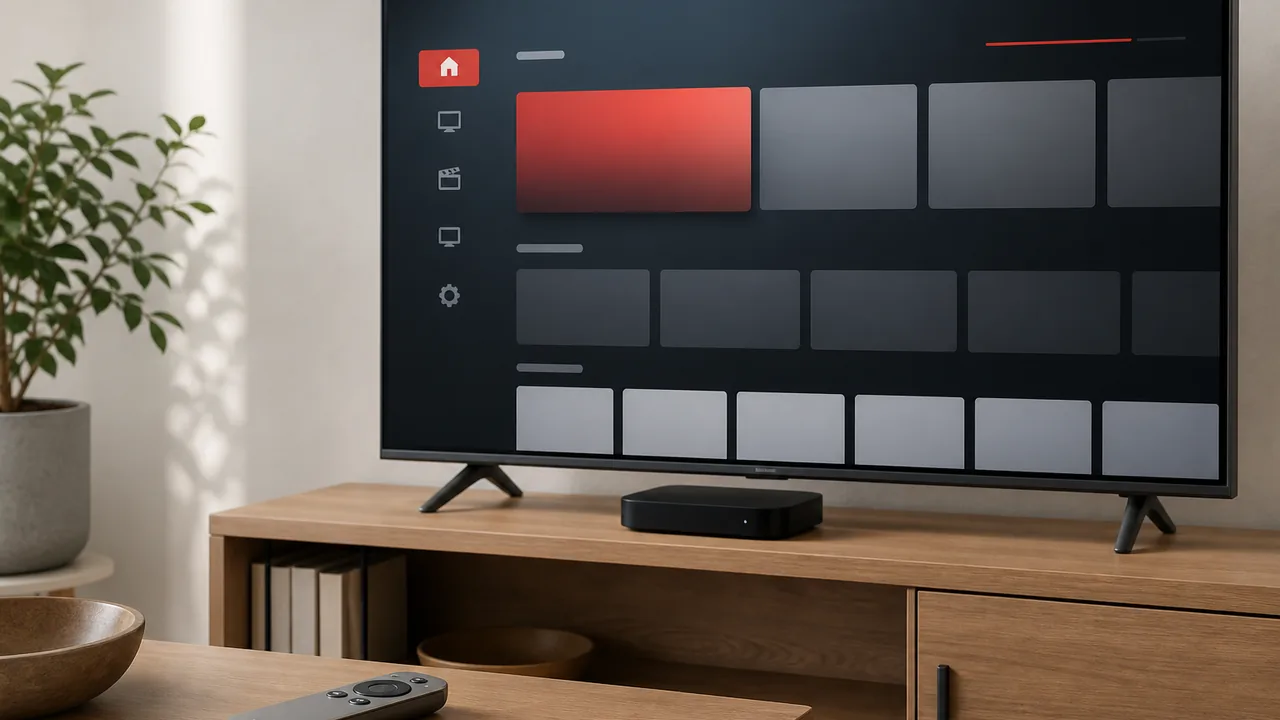 Modern television, streaming box and remote prepared for an authorized IPTV setup on Apple TV
