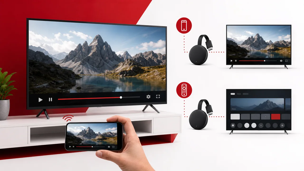 Phone casting a generic video interface to a television beside a streaming dongle