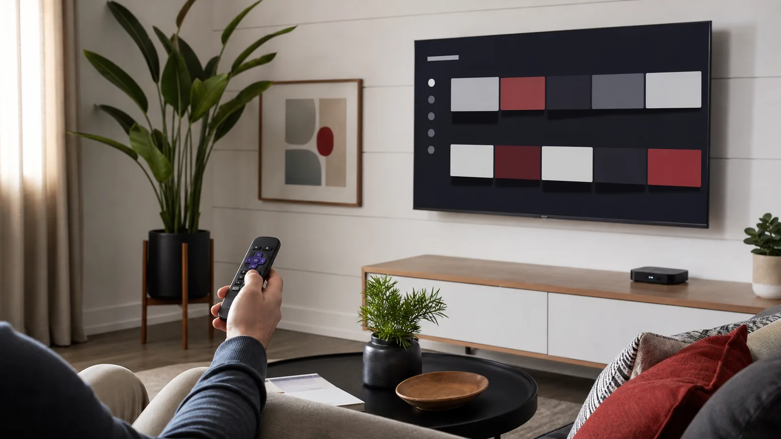 Viewer using a remote with a television showing a generic streaming menu and a small streaming device
