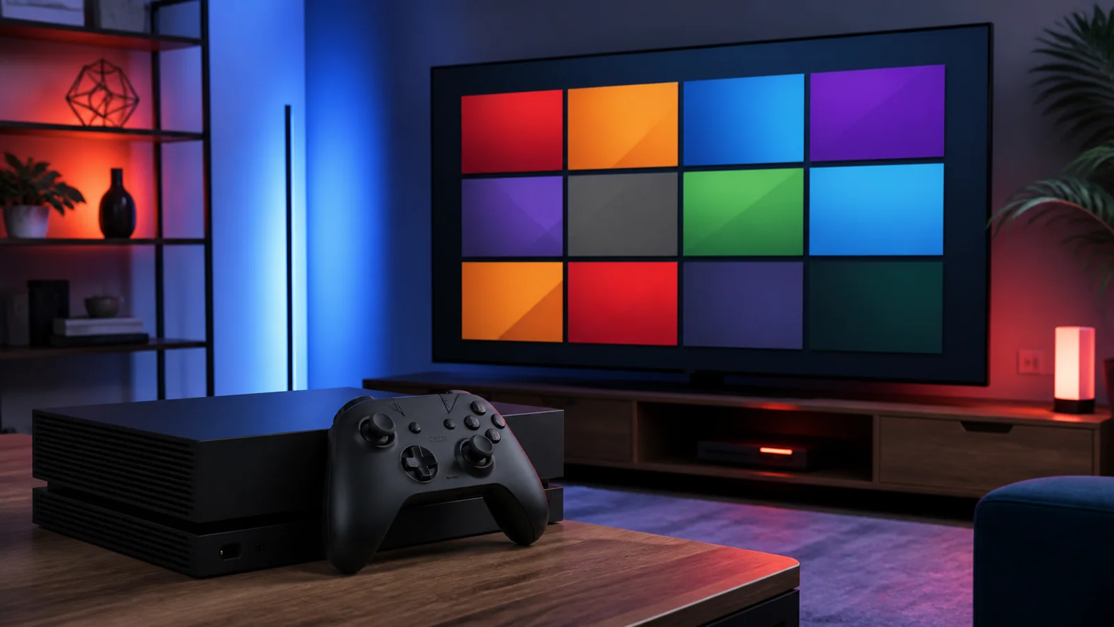Generic game console and controller beside a television with an abstract streaming menu