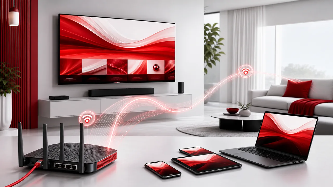 A home router and Ethernet network connecting a television, tablet, phones and laptop