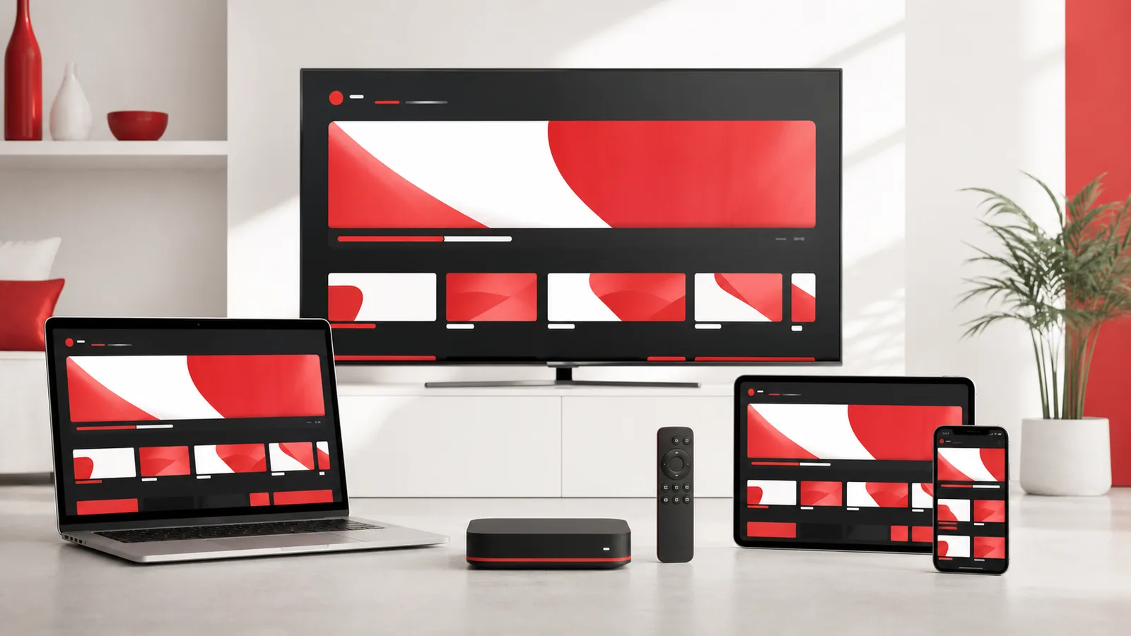 Television, laptop, tablet, phone and streaming box showing a generic red and white media interface