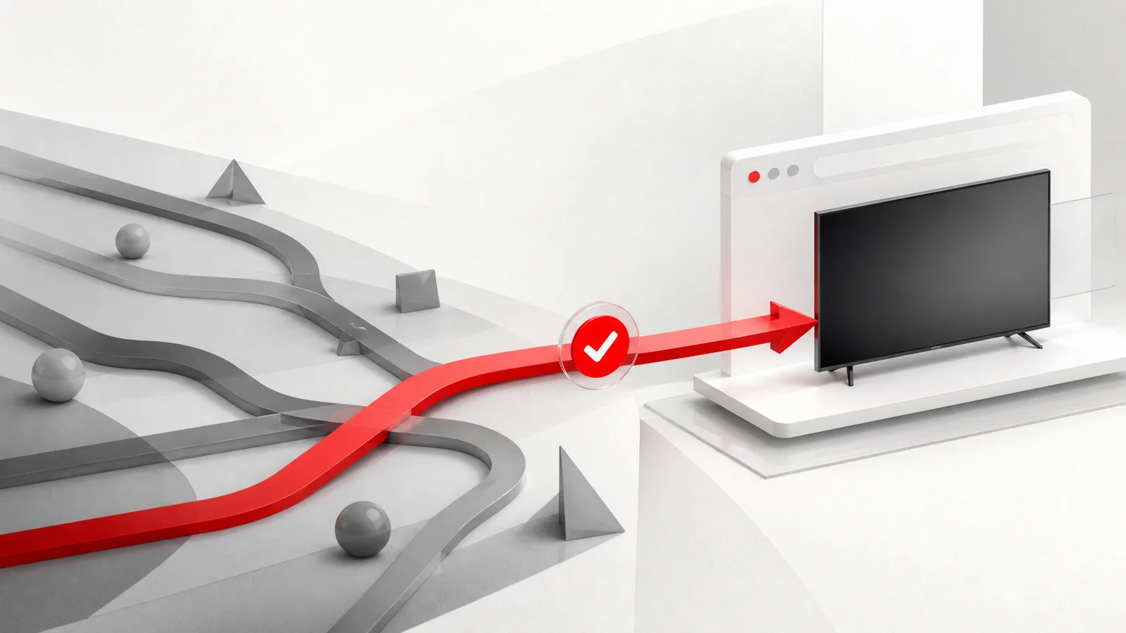 A verified red signal path leading through a browser window to a television
