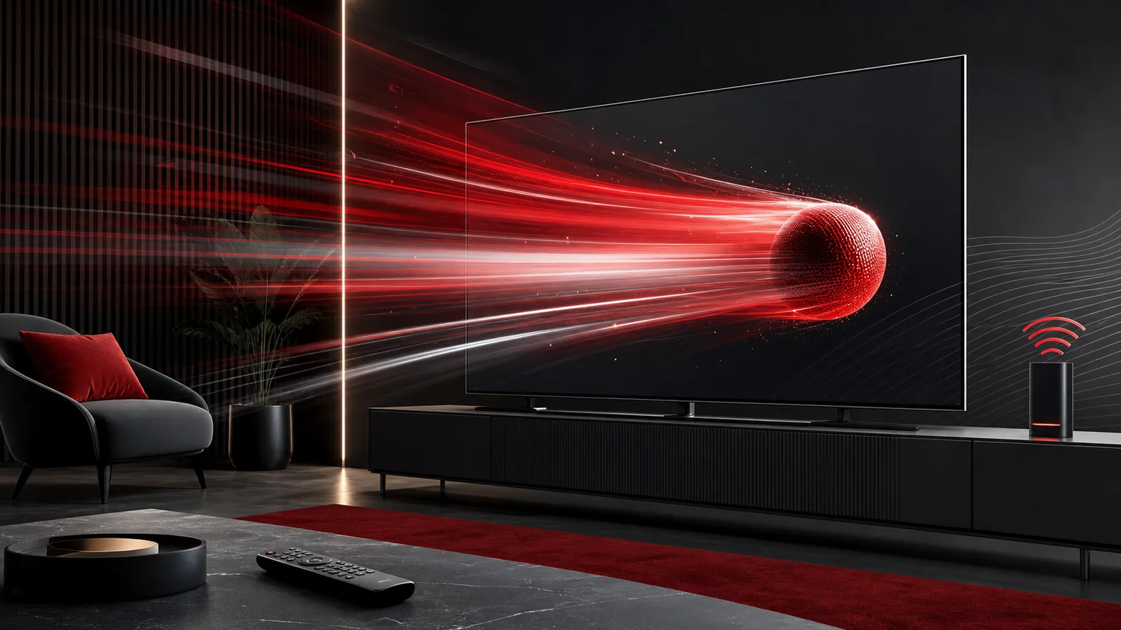 A red motion trail crossing a large television in a modern dark living room