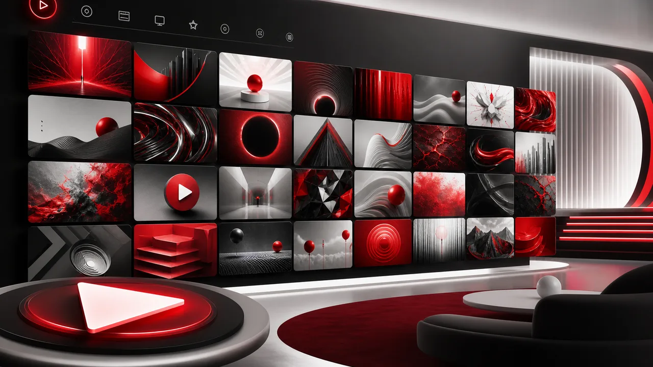 Abstract red, white and black video-on-demand tiles arranged on a cinematic screen