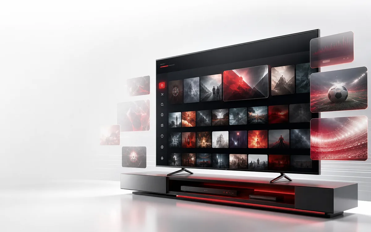 Original concept artwork of a modern television with an abstract VOD interface